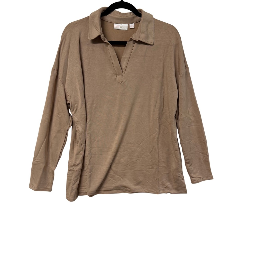 Belle by Kim Gravel Tan Long Sleeve V-Neck Polo Top A651382 L